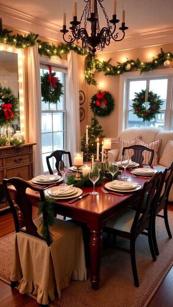 A festive dining room decorated for Christmas with a holiday table setting, garlands, and warm lighting.